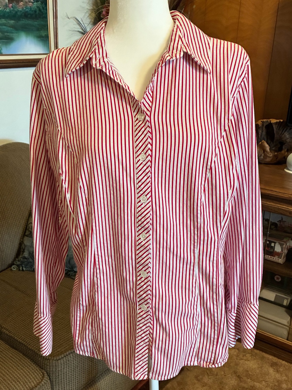 Merona red/white striped long sleeve blouse